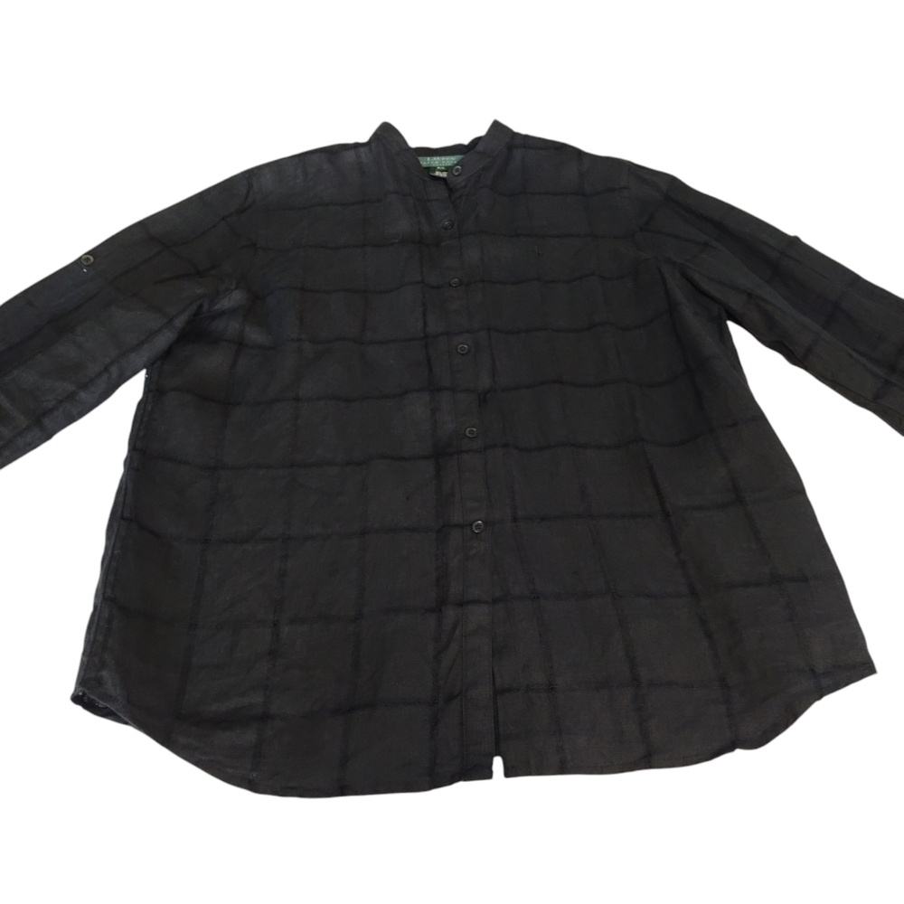 Lauren Ralph Lauren Women's Black Linen Button Up Roll-up Tab Sleeve Shirt Sz PL - Picture 3 of 7